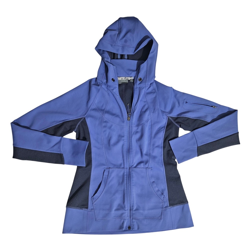Athleta Womens Full Zip Hooded Jacket Blue Gray Colorblock Thumbholes Size S